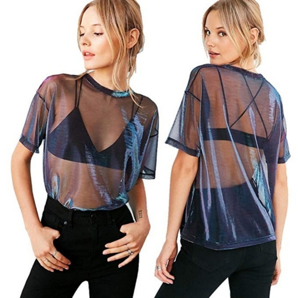 NWOT Iridescent Mesh Tee